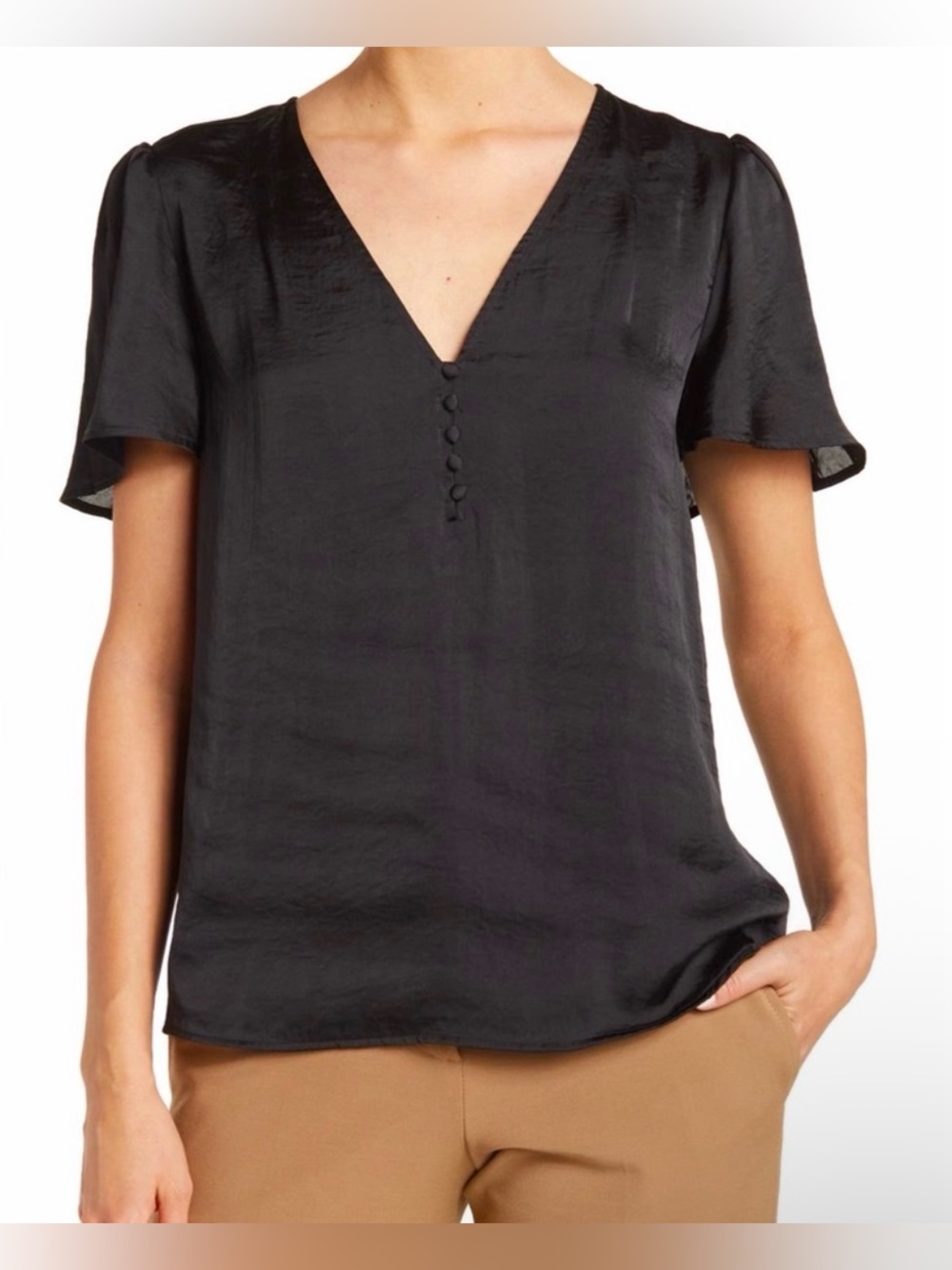 NWT! PAIGE Sevina Black Satin Button-Front V-Neck Short Sleeve Blouse
